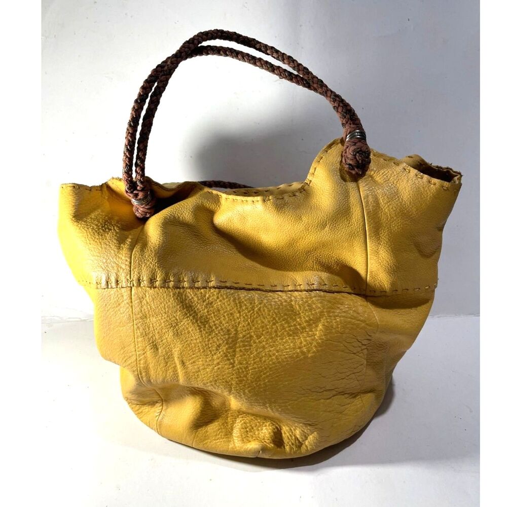Chic Yellow Leather Shoulder Bag with Braided Handles